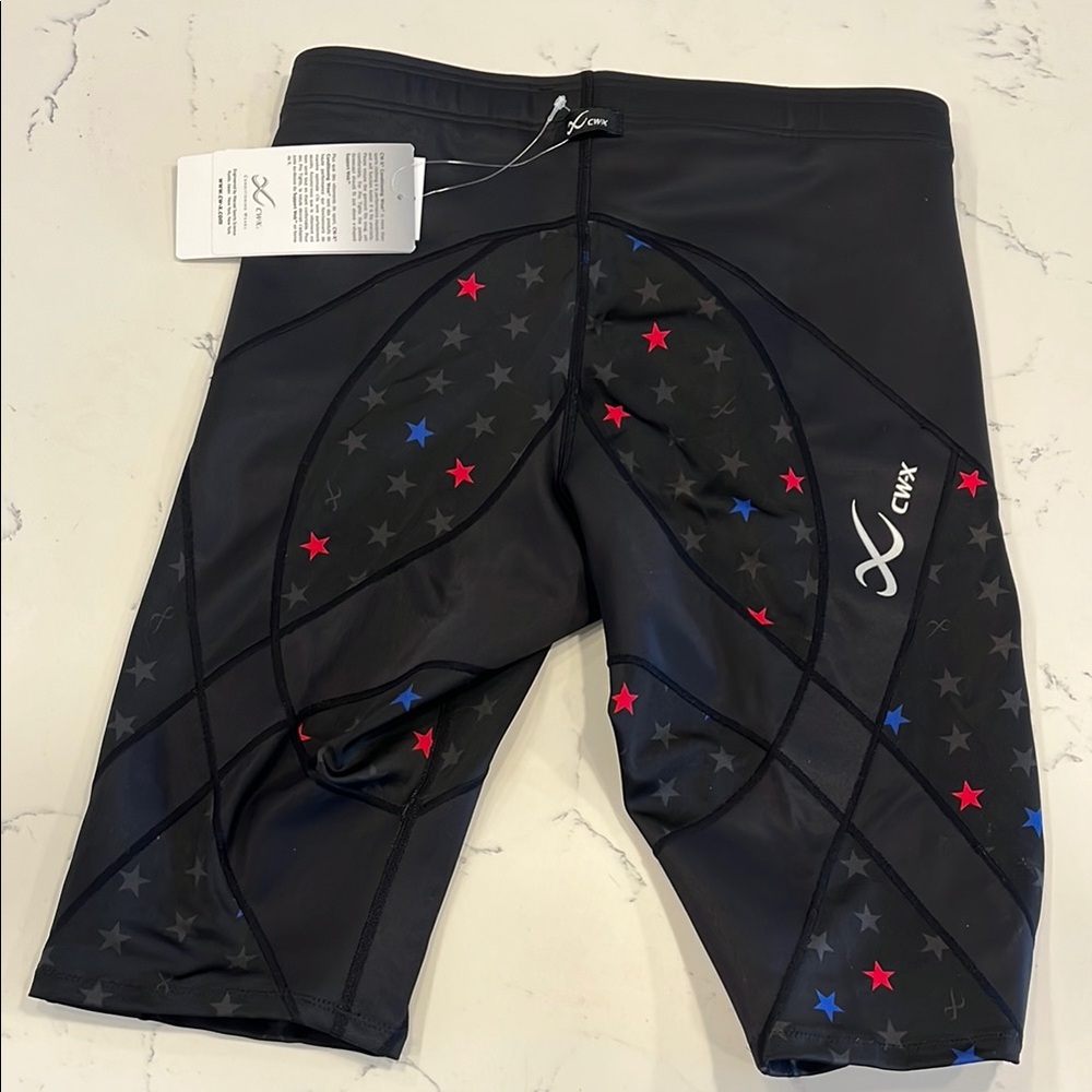 CW-X Men's Black Compression Shorts with Red & Blue Star Accents - Picture 5 of 10